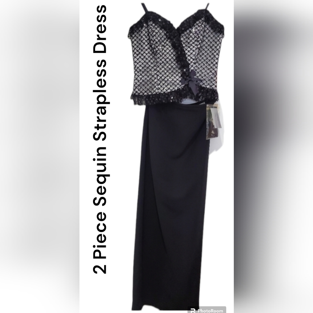 Formal Full Length Dress (skirt/top) black & white sequins W lace size 2